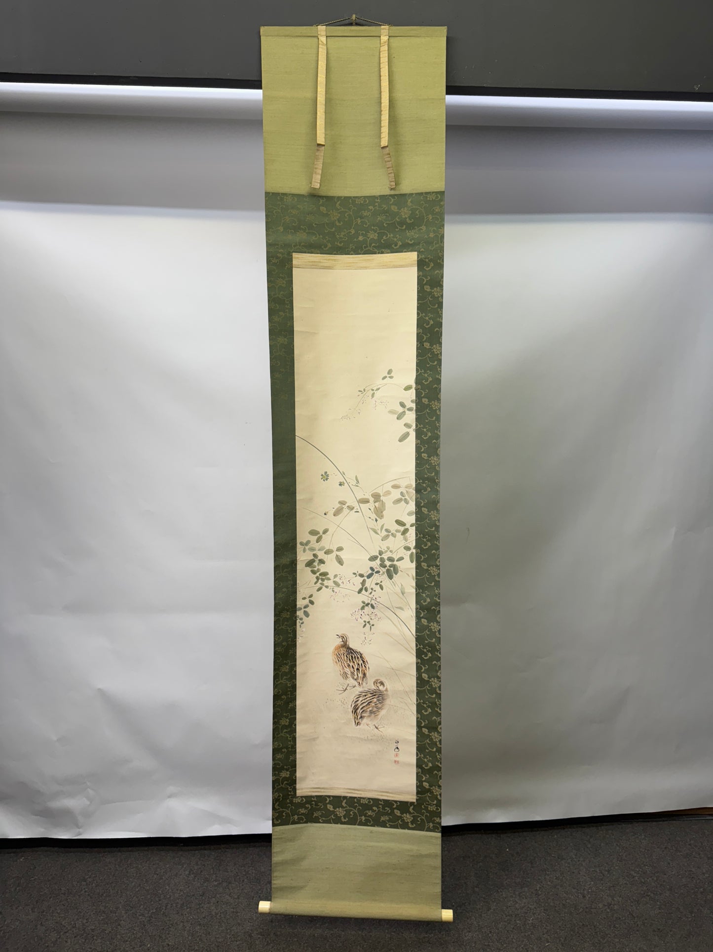 Y9587 KAKEJIKU Quail bird signed box Japan antique hanging scroll art interior