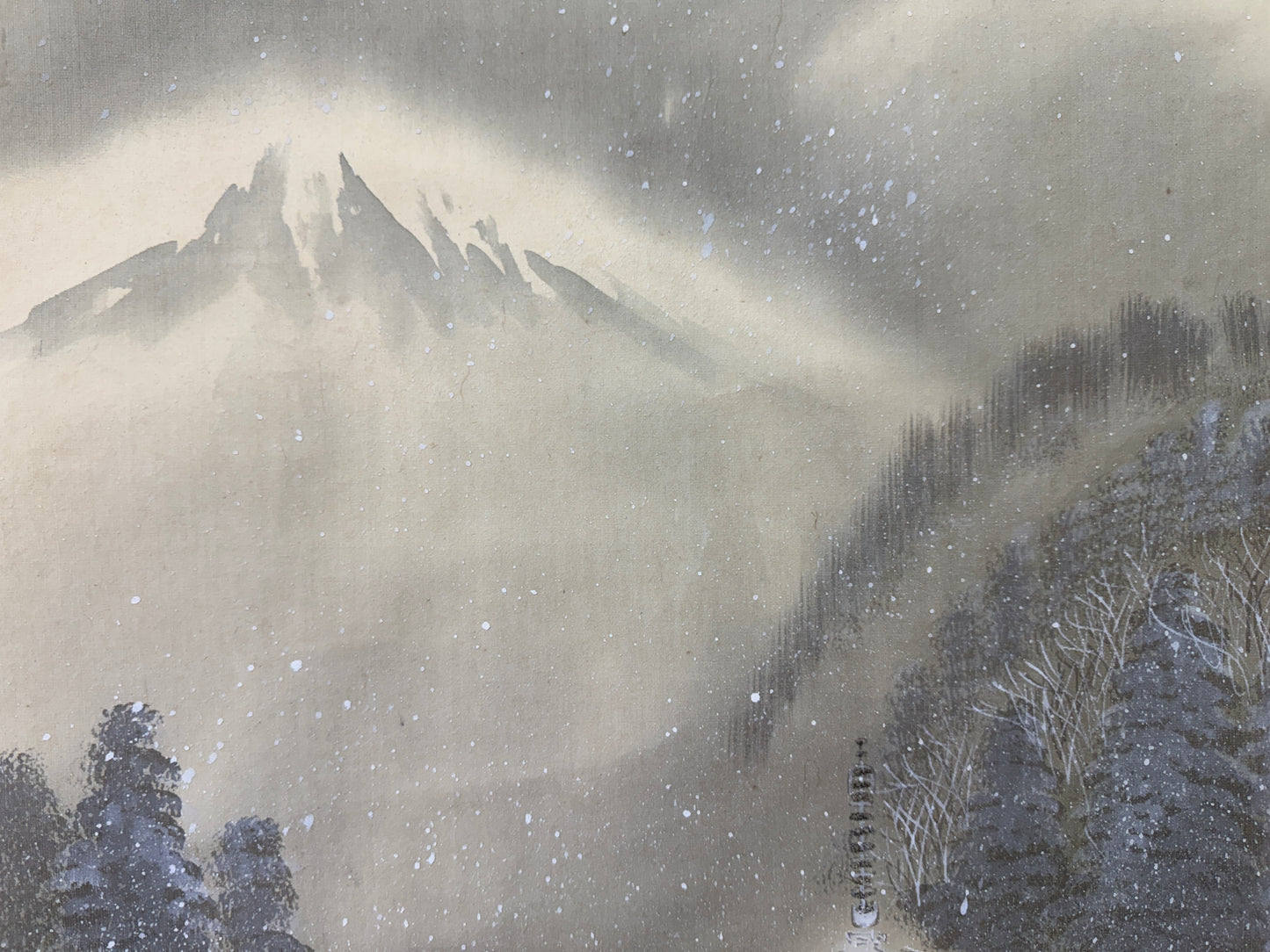 Y9589 KAKEJIKU Snow scene 5-storied Pagoda signed Japan antique hanging scroll