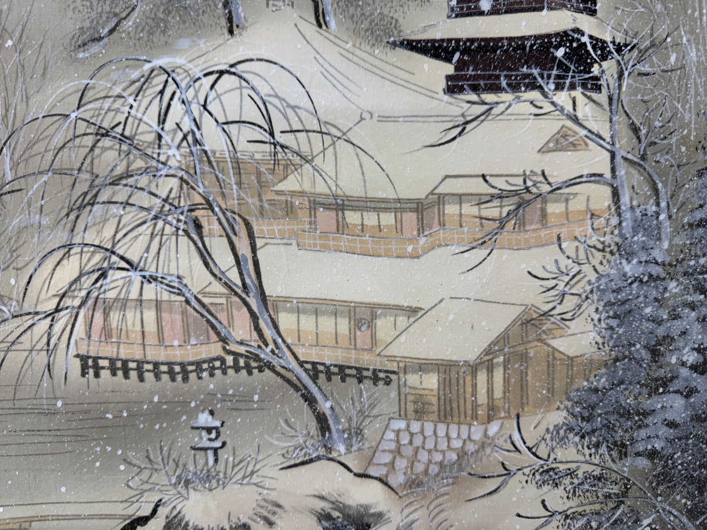 Y9589 KAKEJIKU Snow scene 5-storied Pagoda signed Japan antique hanging scroll