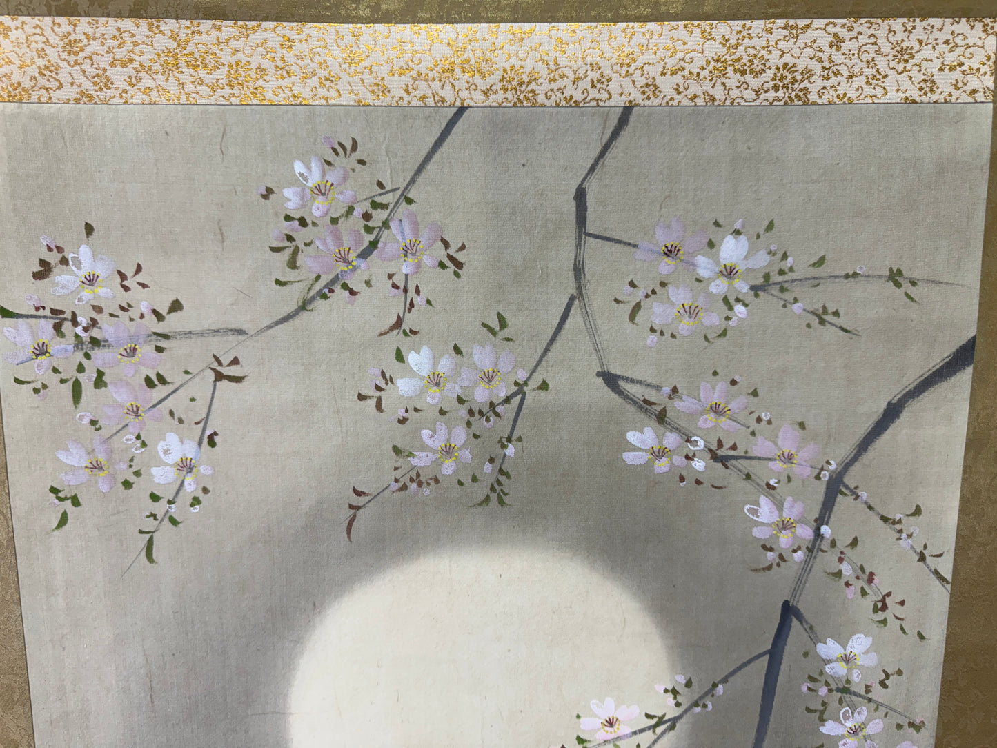 Y9590 KAKEJIKU Cherry blossoms Night Moon viewing signed Japan antique interior