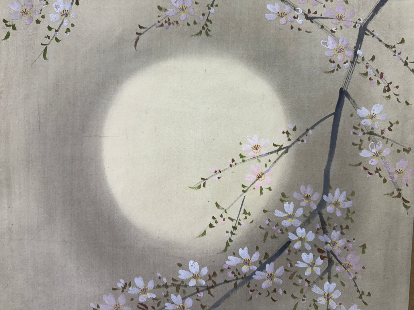 Y9590 KAKEJIKU Cherry blossoms Night Moon viewing signed Japan antique interior