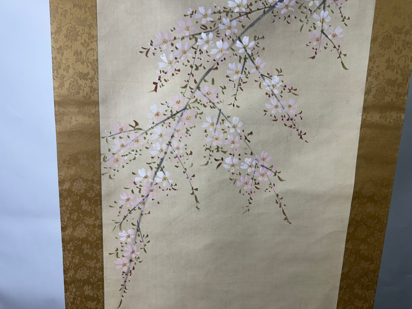 Y9590 KAKEJIKU Cherry blossoms Night Moon viewing signed Japan antique interior