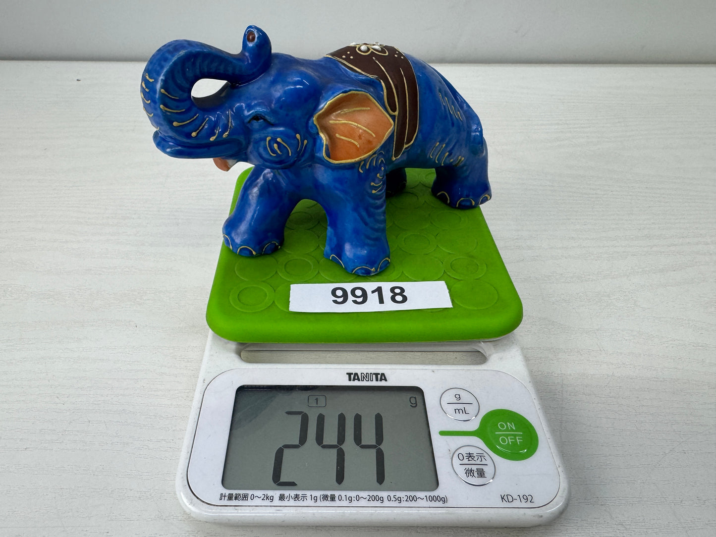 Y9918 OKIMONO Seto-ware Elephant blue color painting Japan antique interior