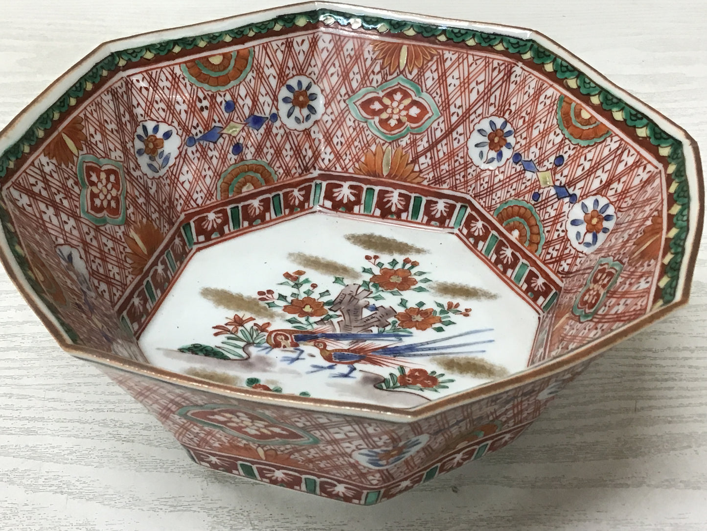 Y2068 CHAWAN Kutani-ware Octagon color painting signed box Japan confectionery