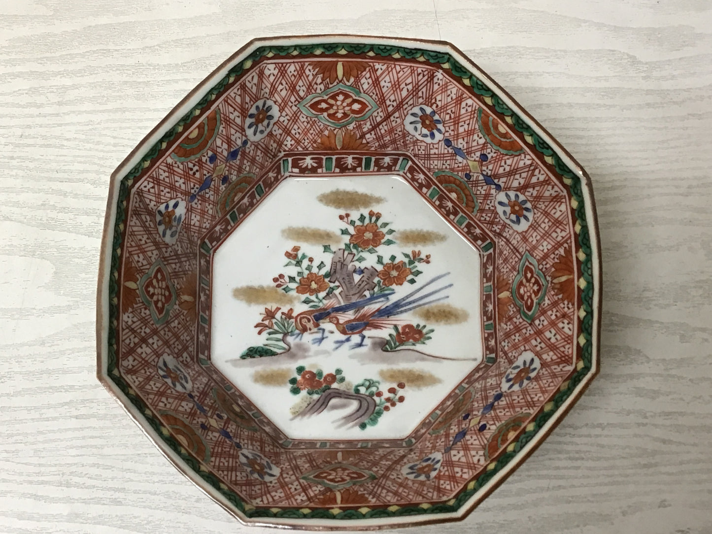 Y2068 CHAWAN Kutani-ware Octagon color painting signed box Japan confectionery