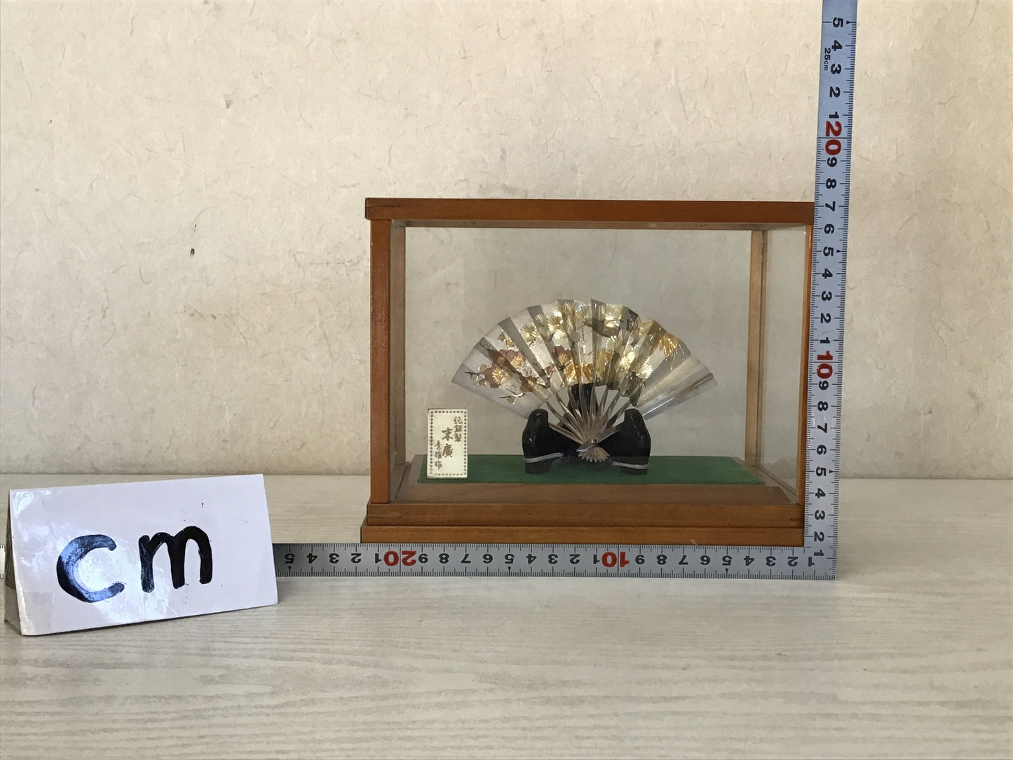 Y2273 OKIMONO Sterling silver Fan glass case Japan antique home decor interior