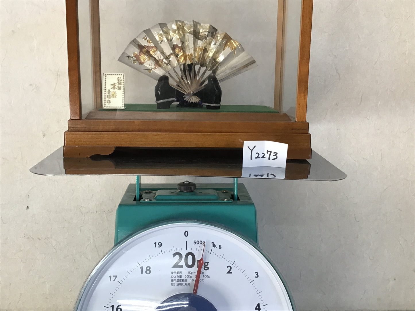 Y2273 OKIMONO Sterling silver Fan glass case Japan antique home decor interior