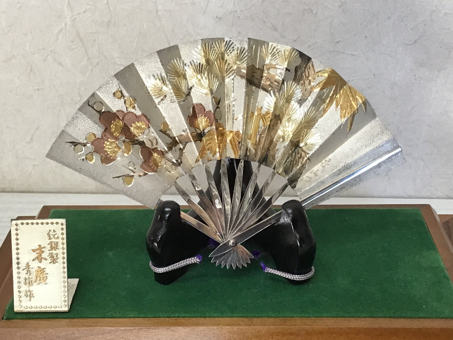 Y2273 OKIMONO Sterling silver Fan glass case Japan antique home decor interior