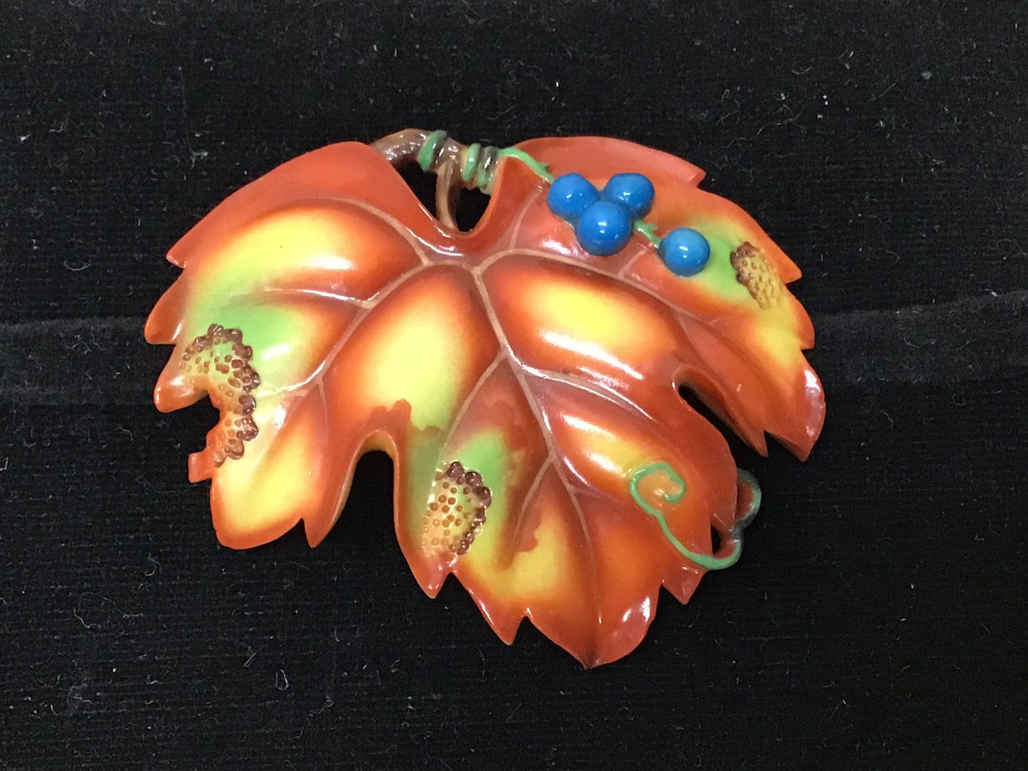Y2285 OBIDOME Pottery Leaf Sash Clip brooch signed box Japanese Kimono antique
