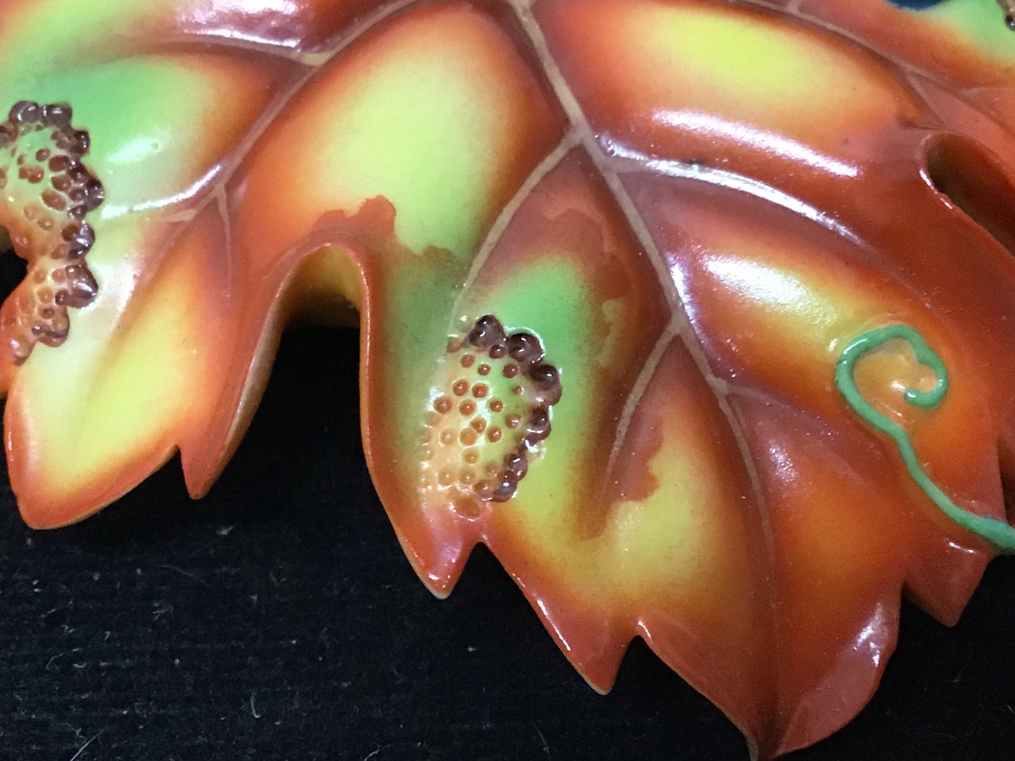 Y2285 OBIDOME Pottery Leaf Sash Clip brooch signed box Japanese Kimono antique