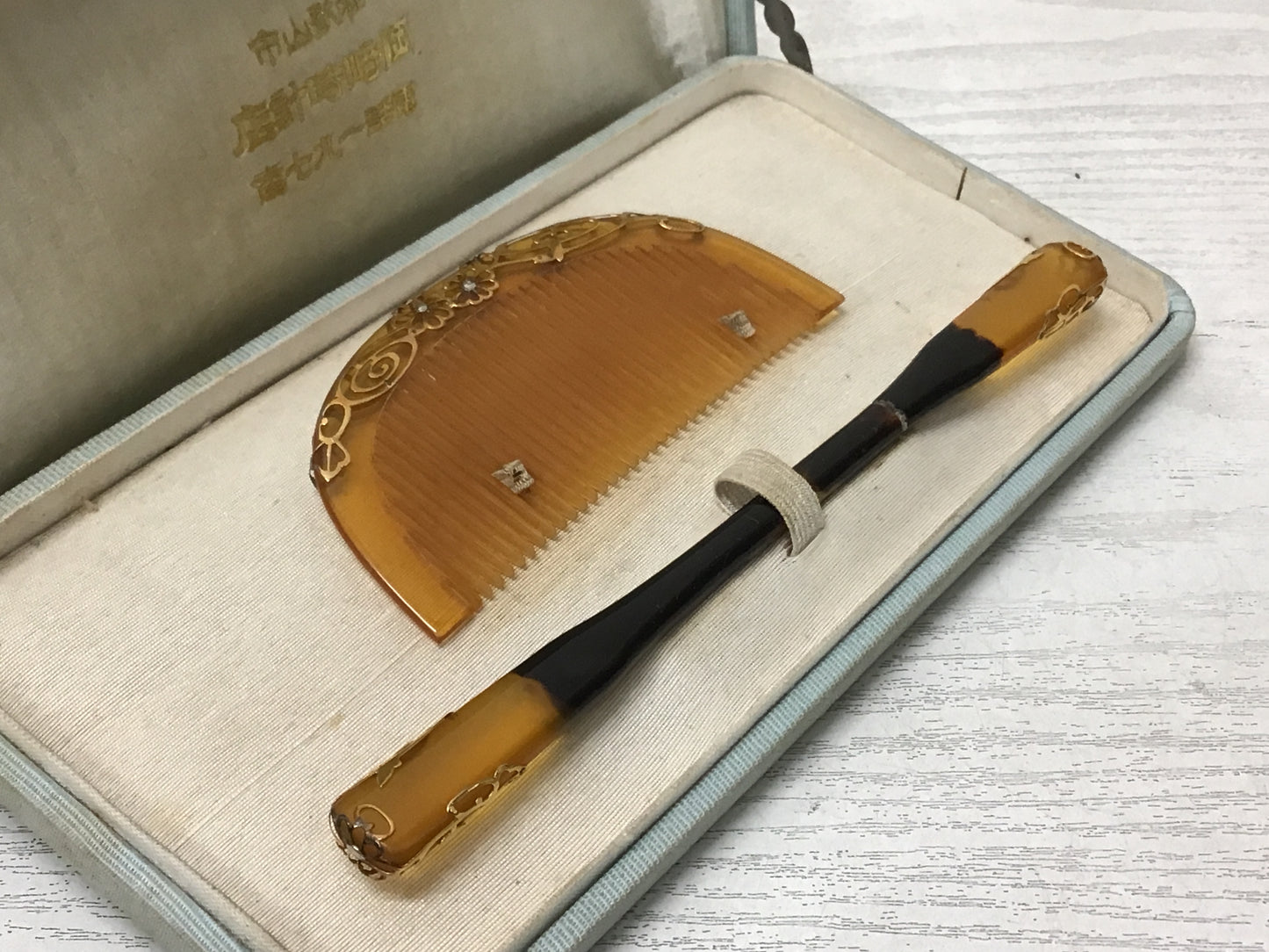 Y2288 KOUGAI Hair dressing tools comb Set box Japan antique kimono accessory