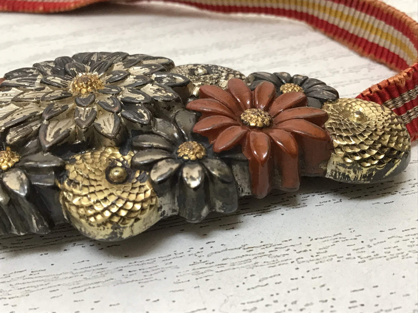 Y2296 OBIDOME Metalwork Sash Clip brooch Flower signed box Japan Kimono antique