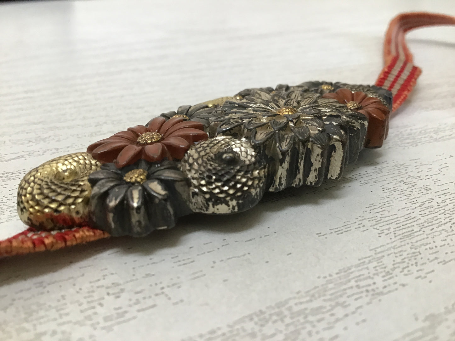Y2296 OBIDOME Metalwork Sash Clip brooch Flower signed box Japan Kimono antique