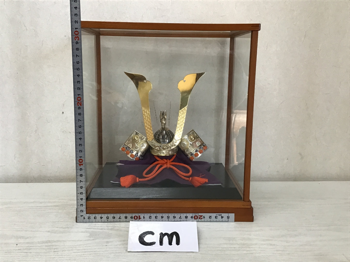 Y2374 OKIMONO Sterling Silver Kabuto helmet figure glass case box Japan antique
