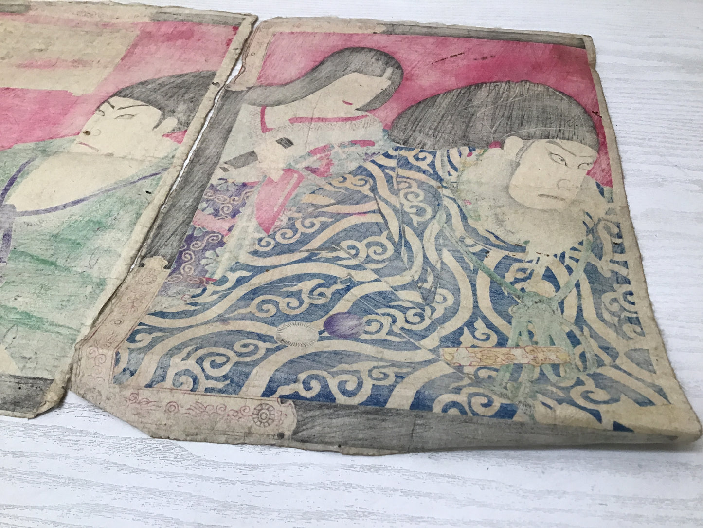 Y2449 WOODBLOCK PRINT Kunichika Kabuki 3 pieces Japanese Ukiyoe vintage painting
