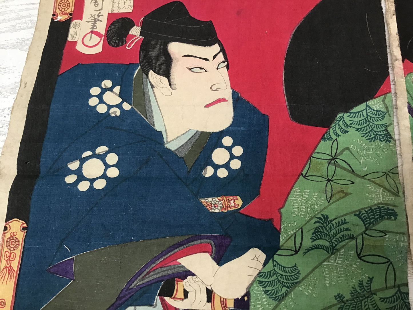 Y2449 WOODBLOCK PRINT Kunichika Kabuki 3 pieces Japanese Ukiyoe vintage painting