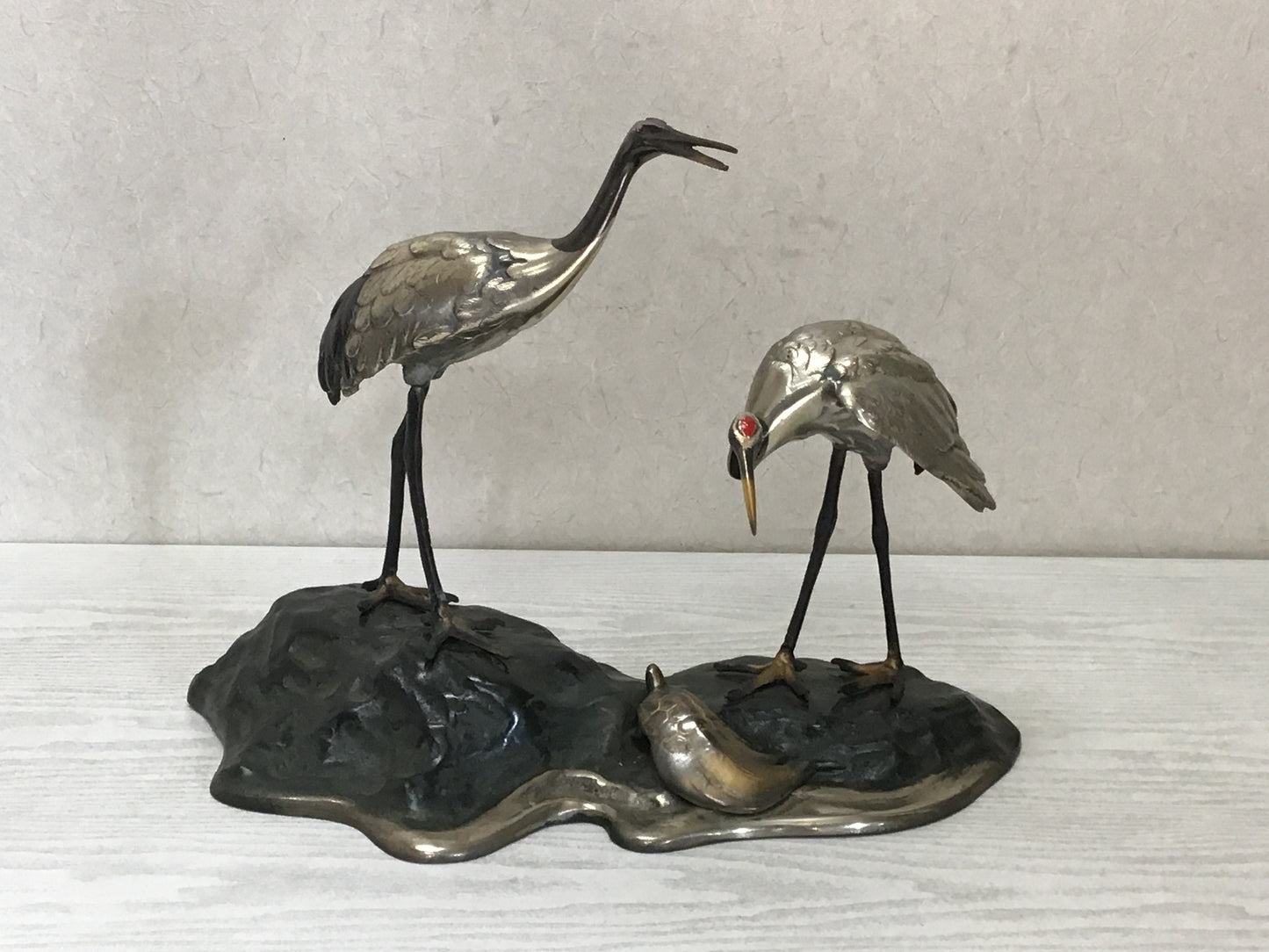 Y2611 OKIMONO Cast Copper figure Crane Turtle on a Rock box Japan antique decor