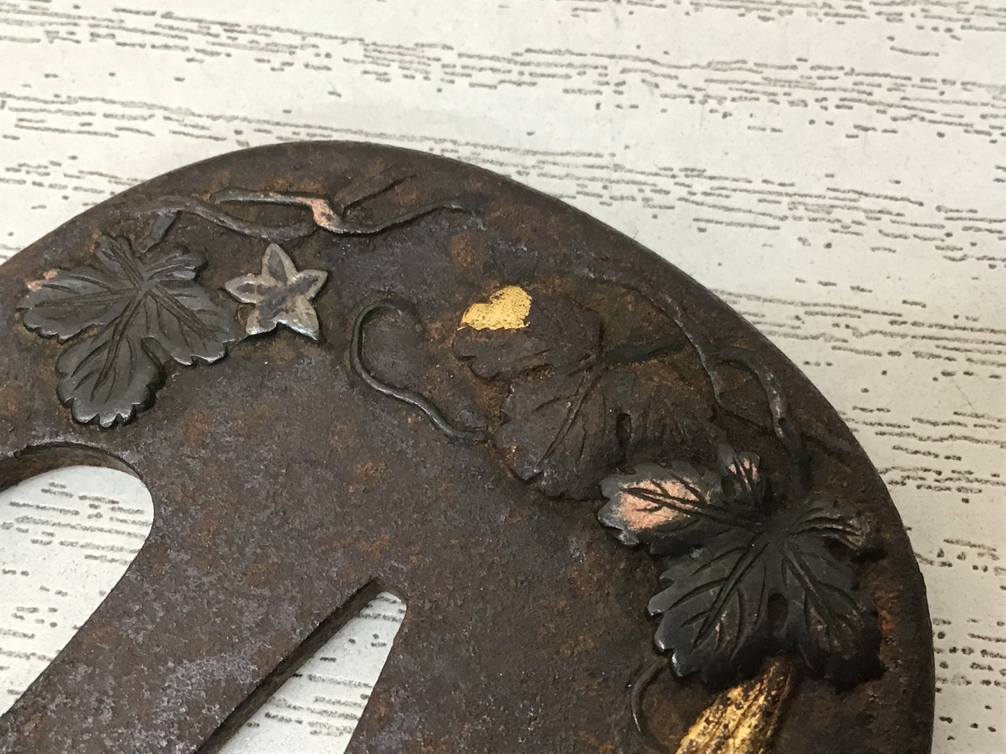 Y2701 TSUBA Sword Guard Inlay leaf Japan samurai katana antique koshirae edo