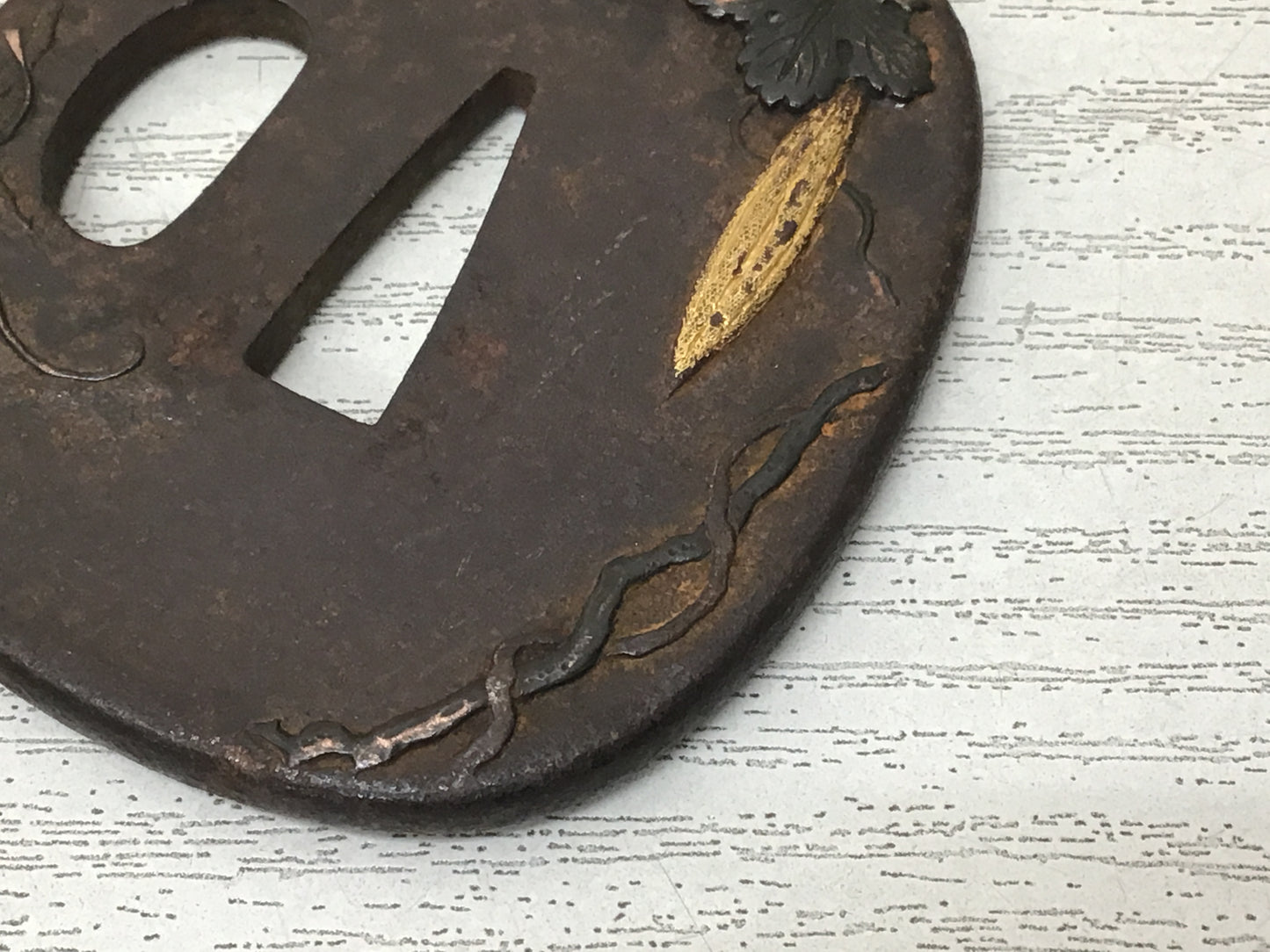 Y2701 TSUBA Sword Guard Inlay leaf Japan samurai katana antique koshirae edo