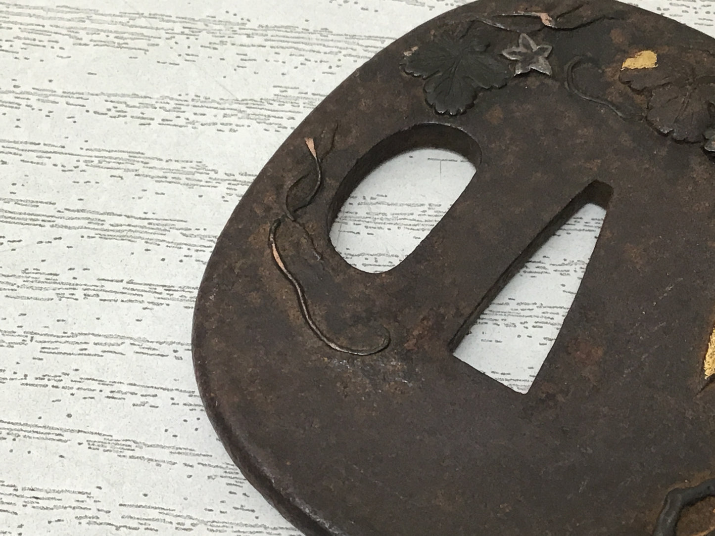 Y2701 TSUBA Sword Guard Inlay leaf Japan samurai katana antique koshirae edo