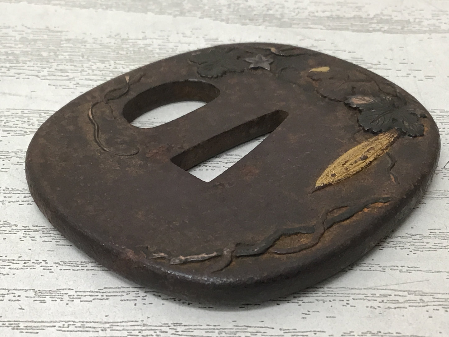 Y2701 TSUBA Sword Guard Inlay leaf Japan samurai katana antique koshirae edo