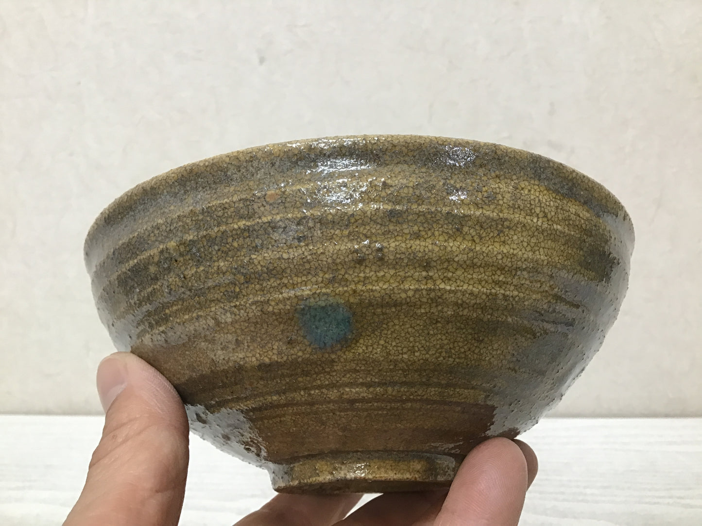 Y2739 CHAWAN Seto-ware Yellow signed box Japan tea ceremony antique flat bowl