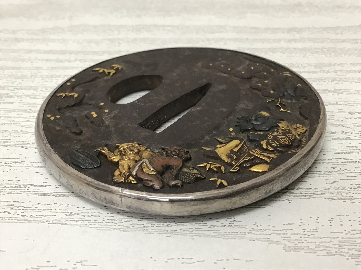 Y2749 TSUBA Shoki Inlay Silver cover ring box Japan samurai katana koshirae edo