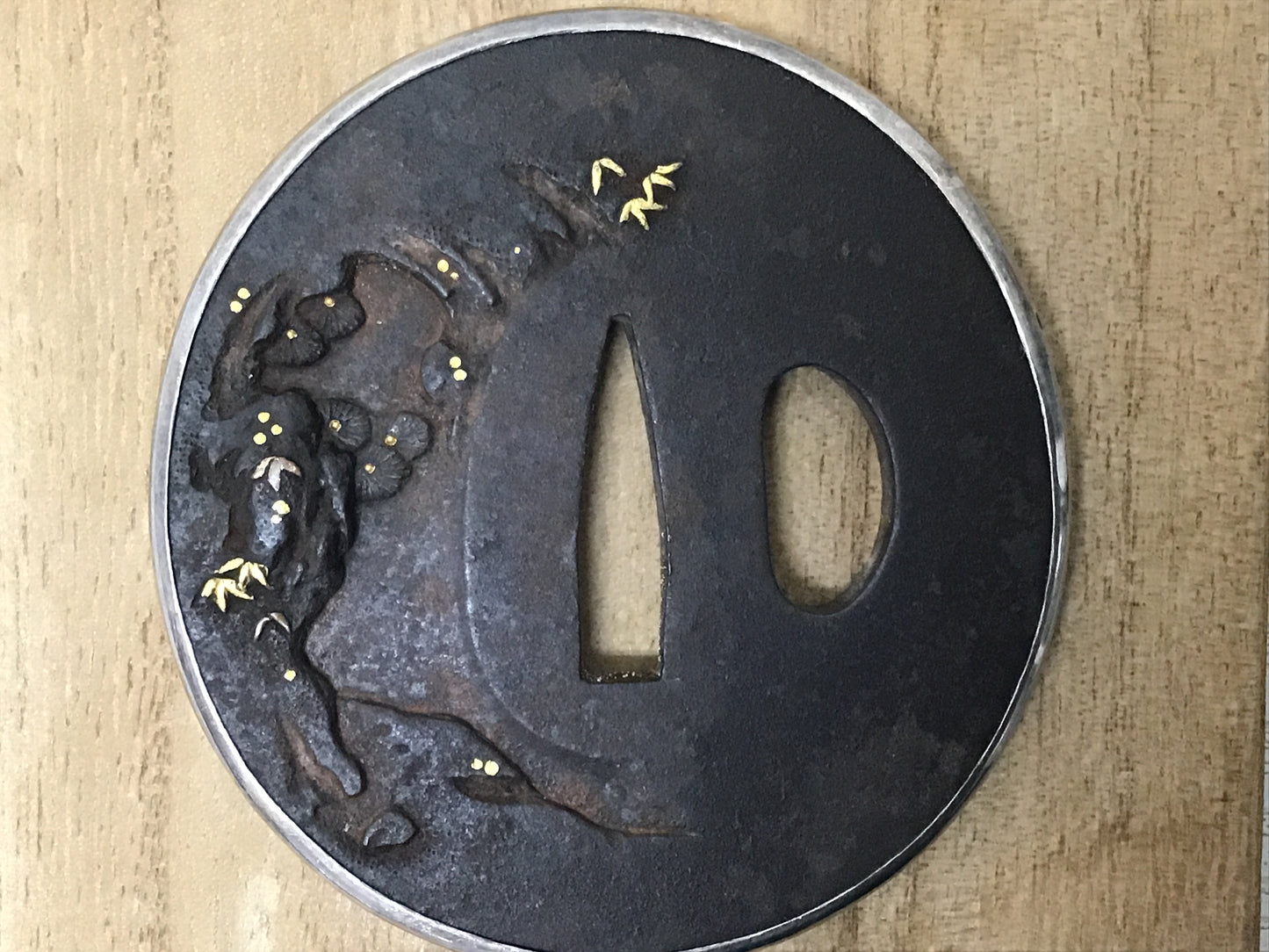 Y2749 TSUBA Shoki Inlay Silver cover ring box Japan samurai katana koshirae edo