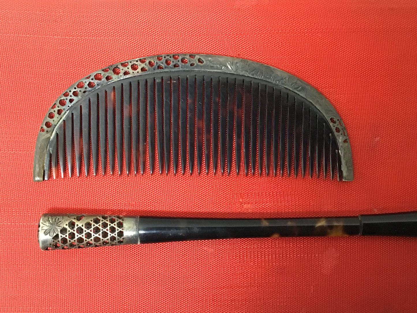 Y2773 KOUGAI Hair dressing tools set Makie lacquer box signed Japan kimono