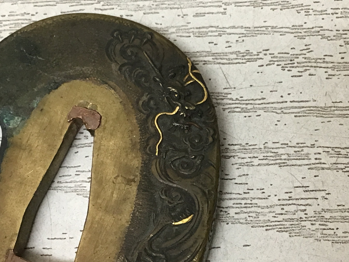 Y2807 TSUBA Copper Sword Guard Dragon Inlay Japan samurai katana koshirae edo