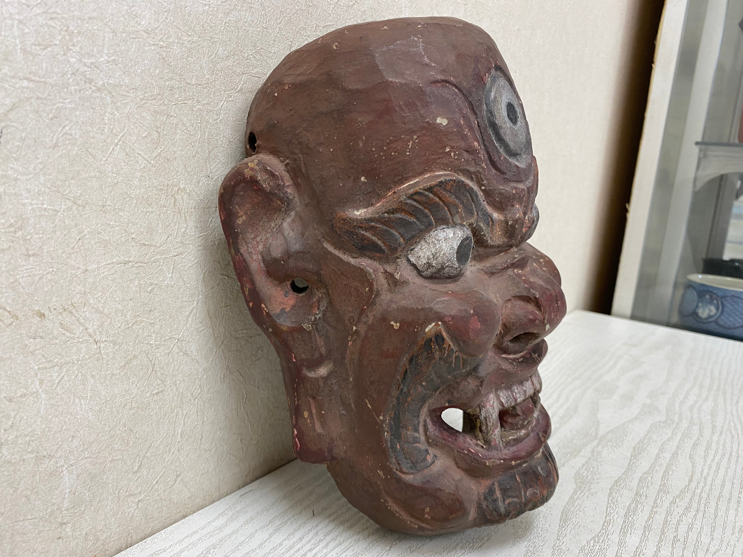 Y2864 NOH MASK Three-eyed wood carving omen Japan vintage antique traditional