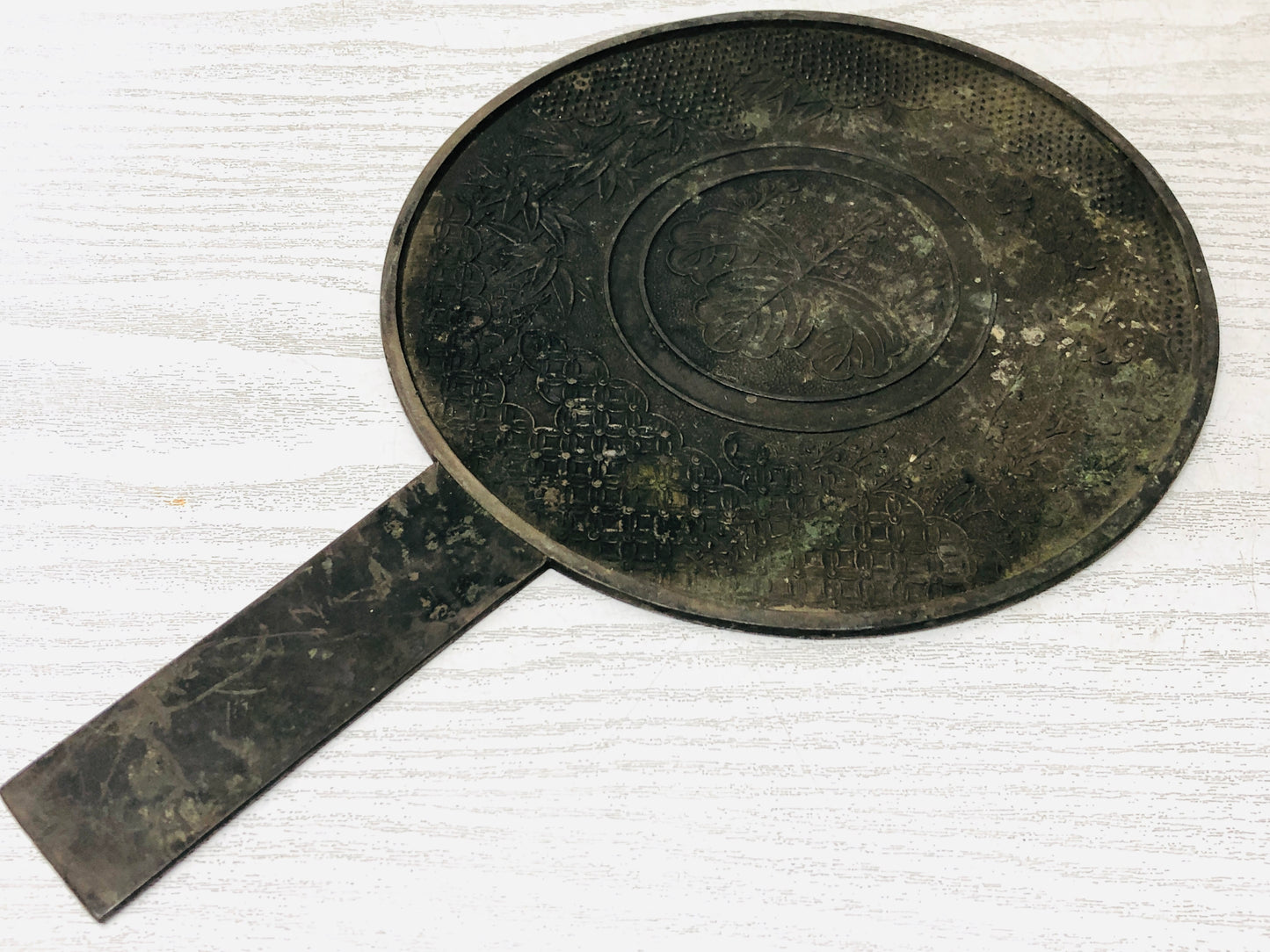 Y2947 KAGAMI Old Bronze Mirror Pine Bamboo Plum Japanese antique vintage Japan