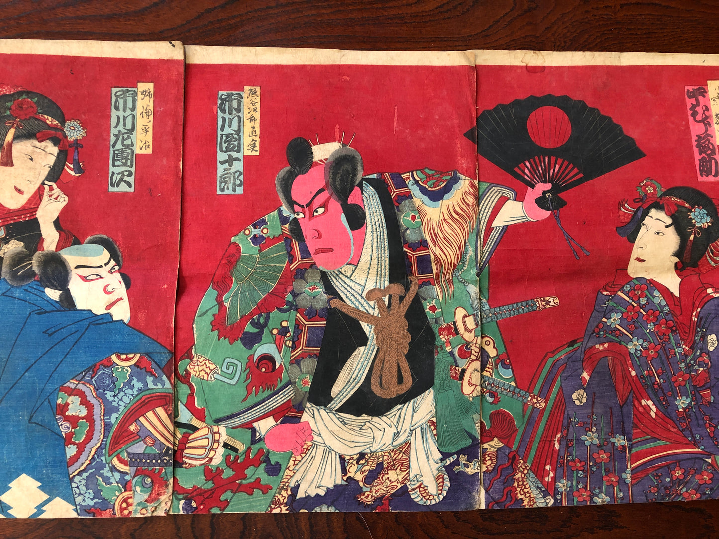 Y2991 WOODBLOCK PRINT Kunichika Kabuki actor triptych Japan Ukiyoe vintage art