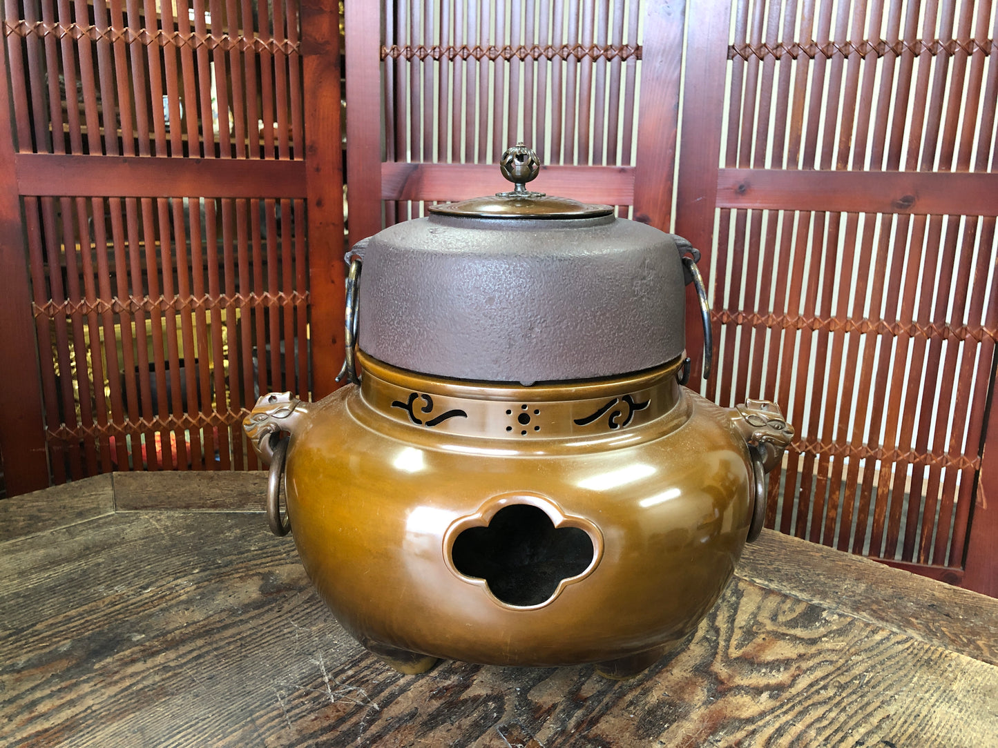 Y3404 CHAGAMA Iron kettle brazier set box Japanese Tea Ceremony Japan antique