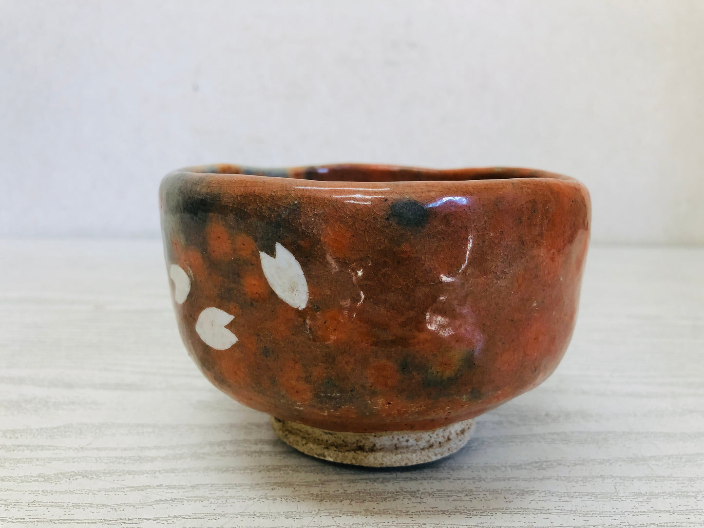 Y3516 CHAWAN Raku-ware Red cherry blossoms Japan tea ceremony bowl antique