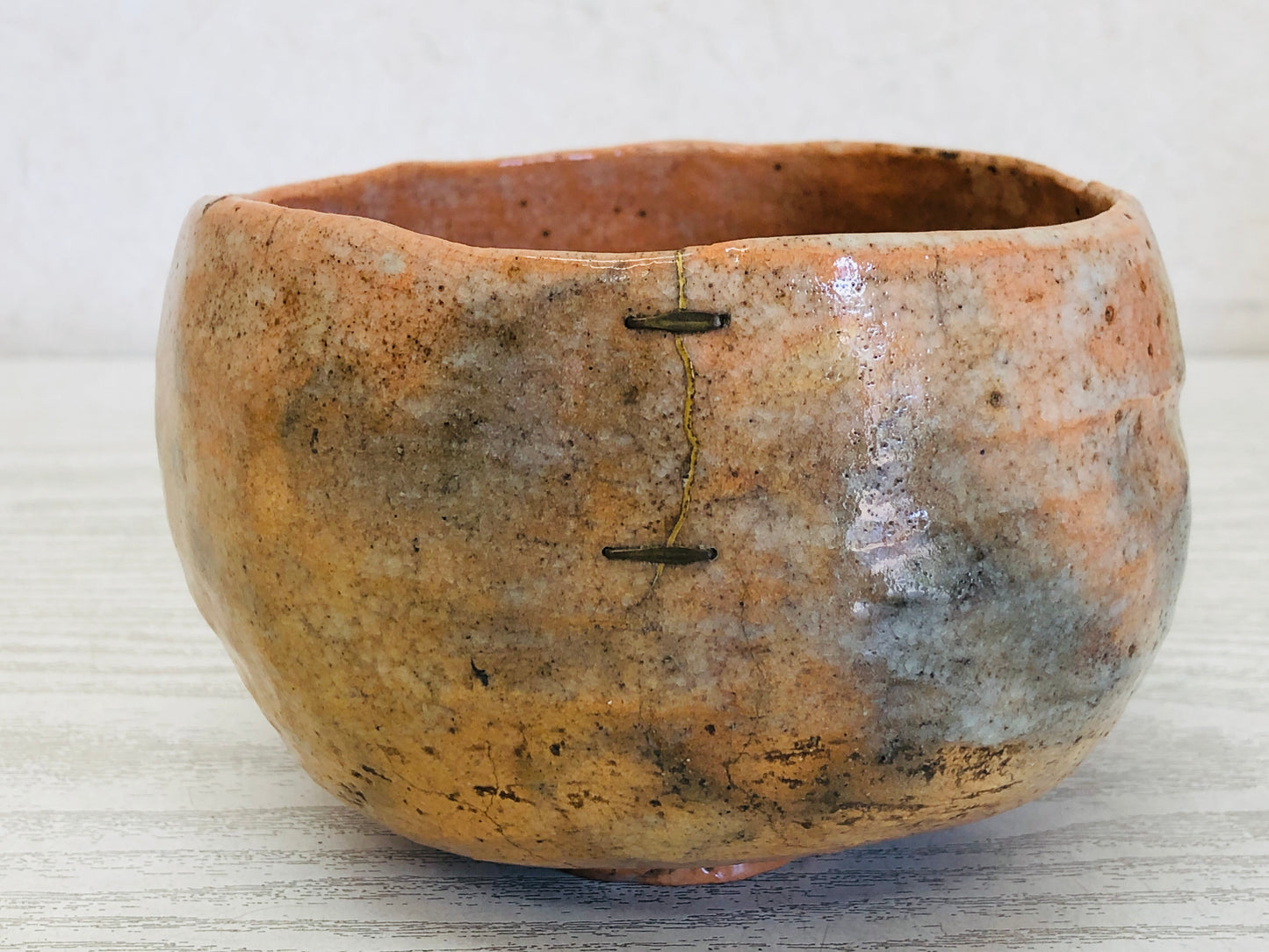 Y3533 CHAWAN Raku-ware Red signed box kintsugi clamp Japan tea ceremony antique