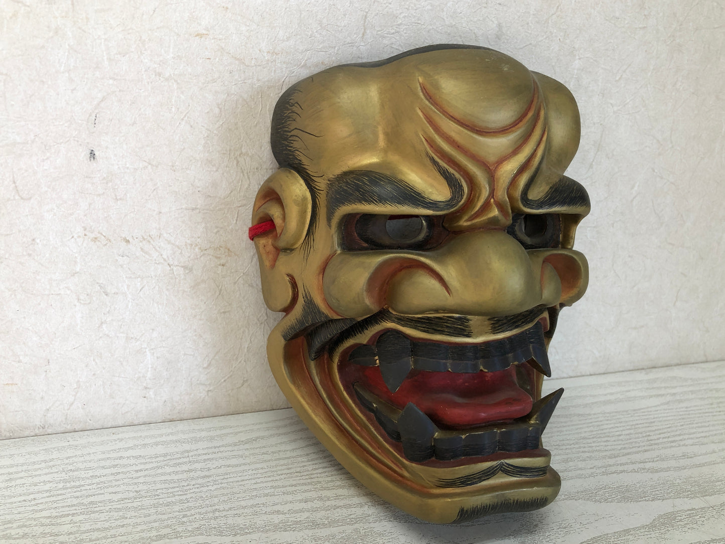 Y3592 NOH MASK Shishiguchi wood carving signed Japan antique omen vintage