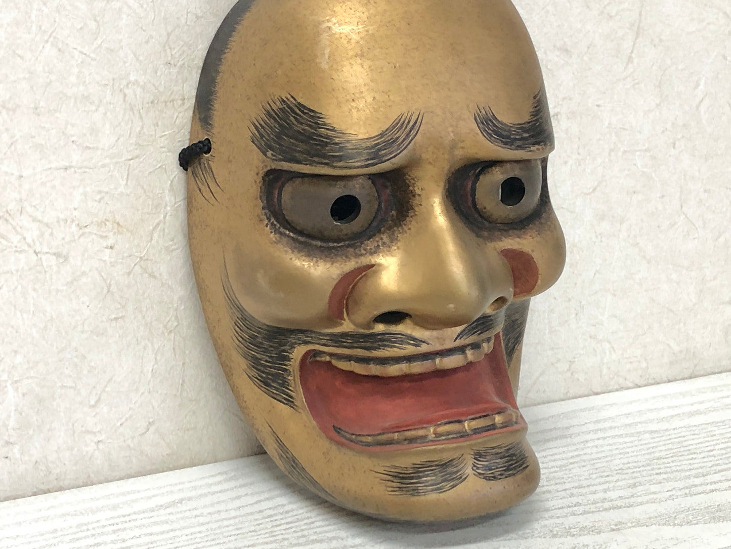 Y3594 NOH MASK Kurohige wood carving signed Japan antique omen vintage men