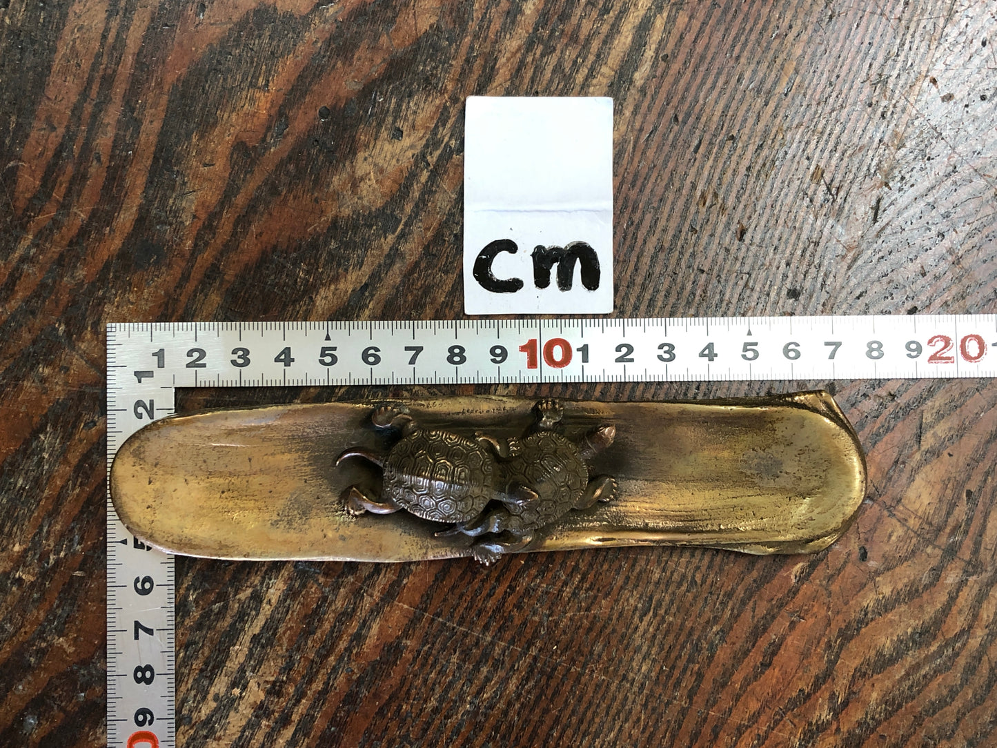 Y3602 OKIMONO Copper Paperweight Turtle signed box stationary Japan antique