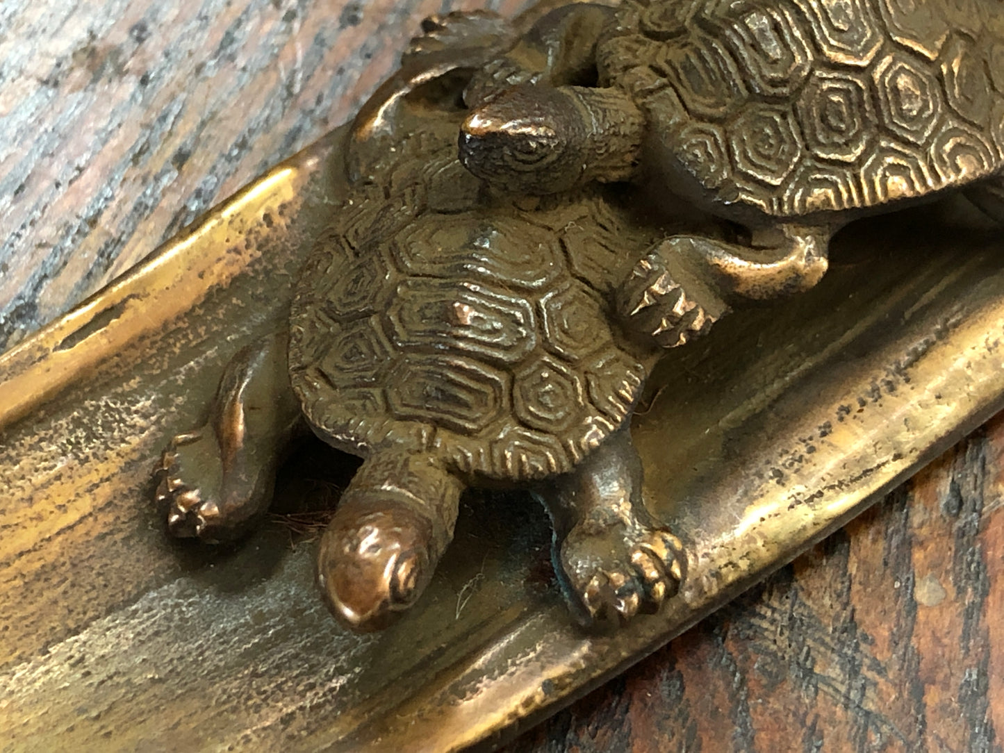 Y3602 OKIMONO Copper Paperweight Turtle signed box stationary Japan antique