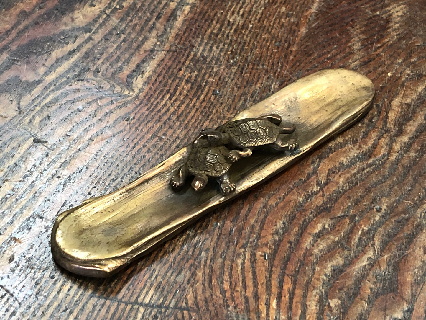 Y3602 OKIMONO Copper Paperweight Turtle signed box stationary Japan antique