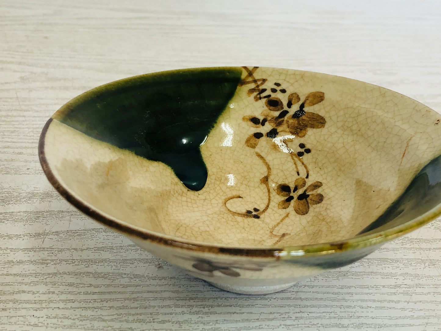 Y3737 CHAWAN Oribe-ware flat signed Japan antique tea ceremony bowl cup pottery