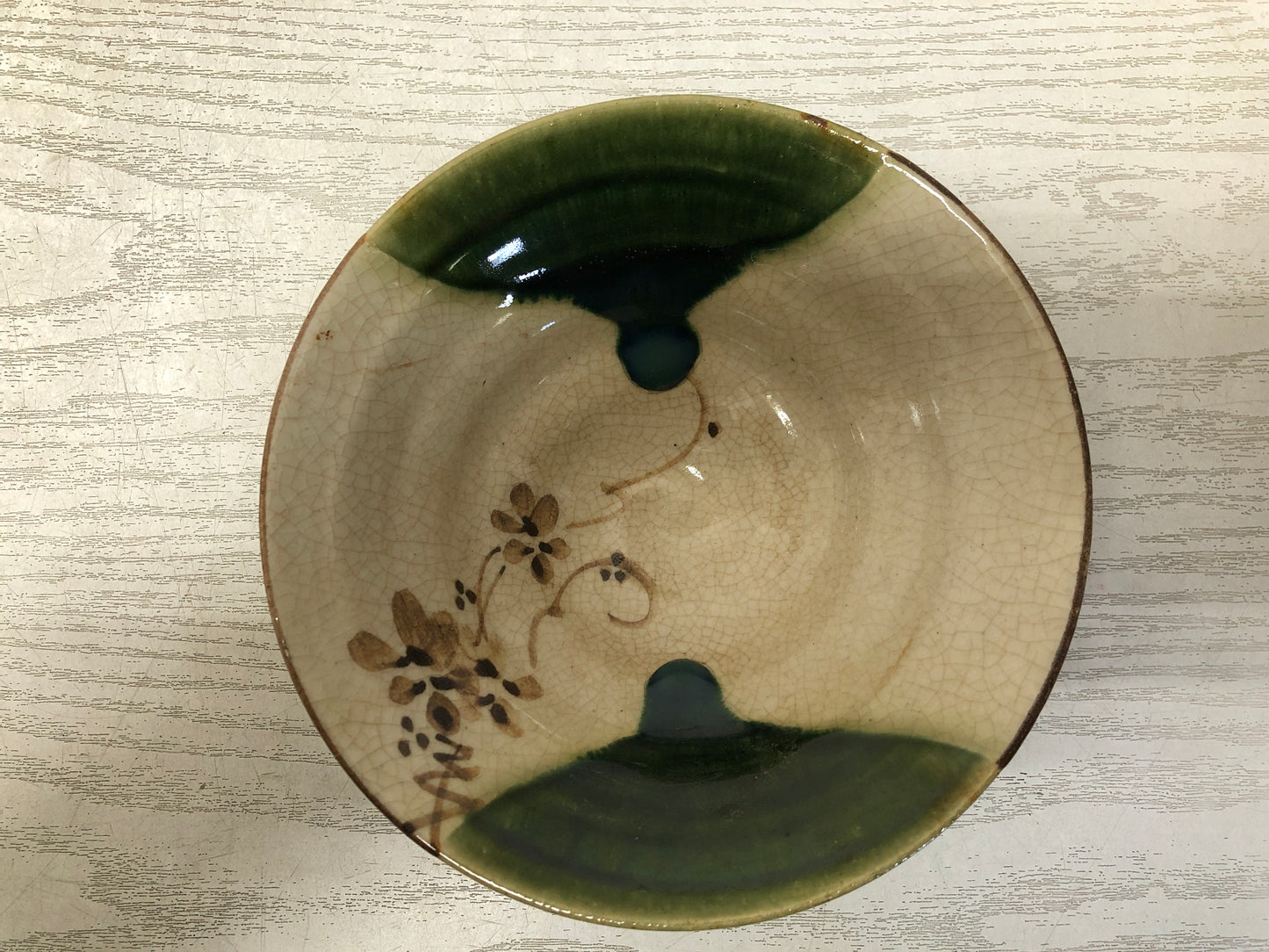 Y3737 CHAWAN Oribe-ware flat signed Japan antique tea ceremony bowl cup pottery
