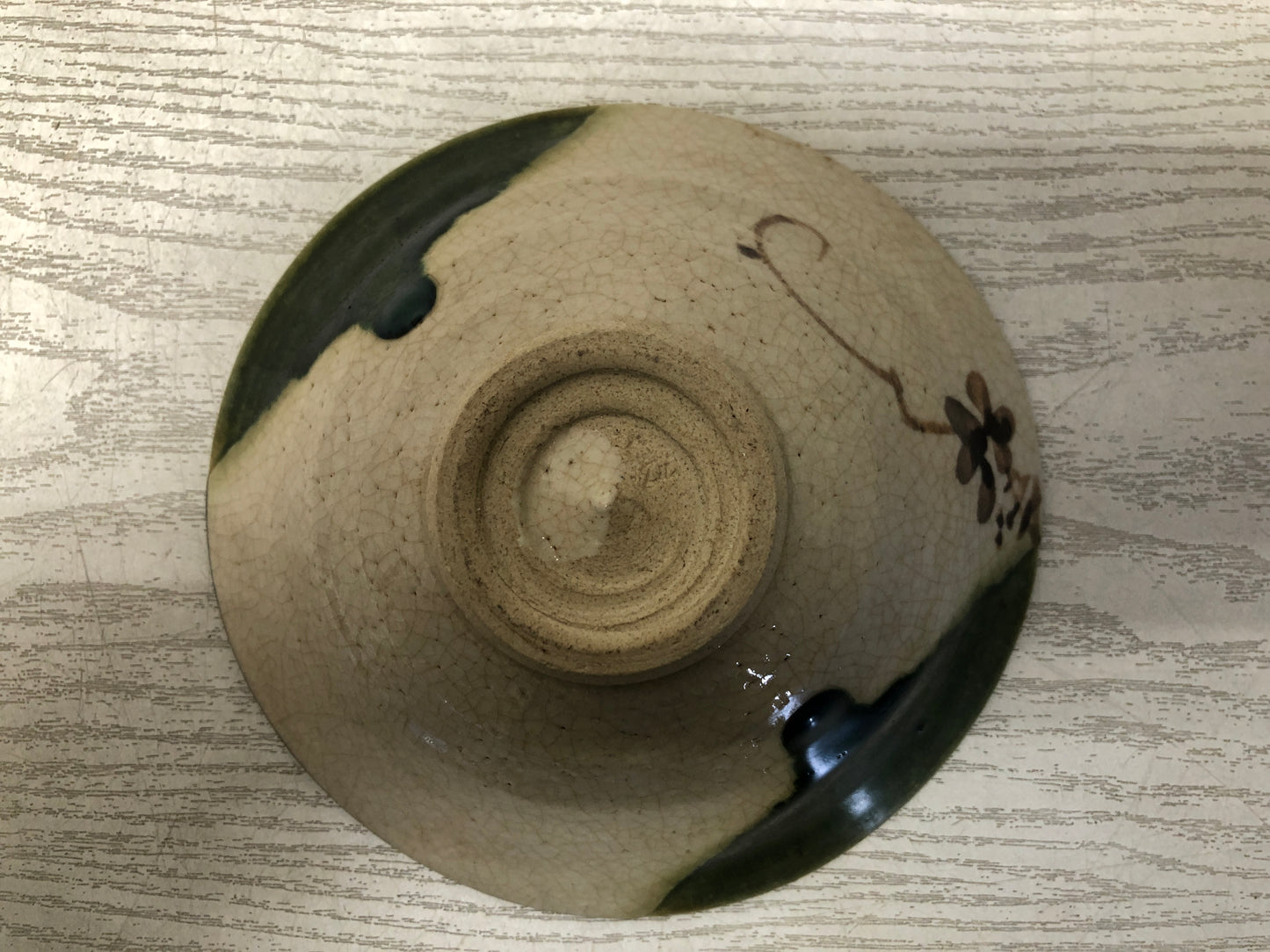 Y3737 CHAWAN Oribe-ware flat signed Japan antique tea ceremony bowl cup pottery