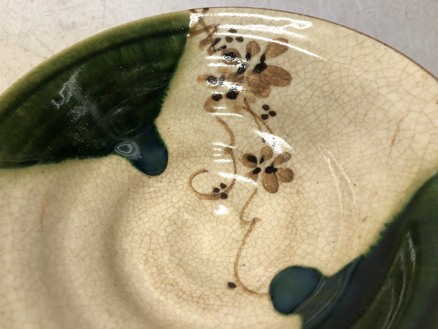 Y3737 CHAWAN Oribe-ware flat signed Japan antique tea ceremony bowl cup pottery