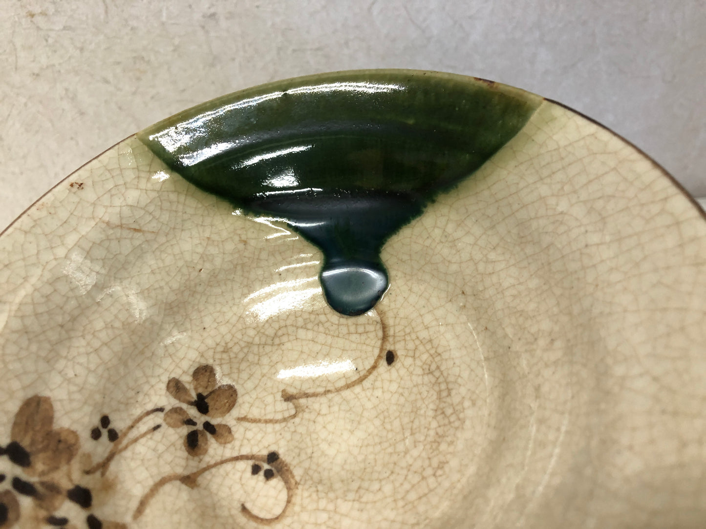 Y3737 CHAWAN Oribe-ware flat signed Japan antique tea ceremony bowl cup pottery