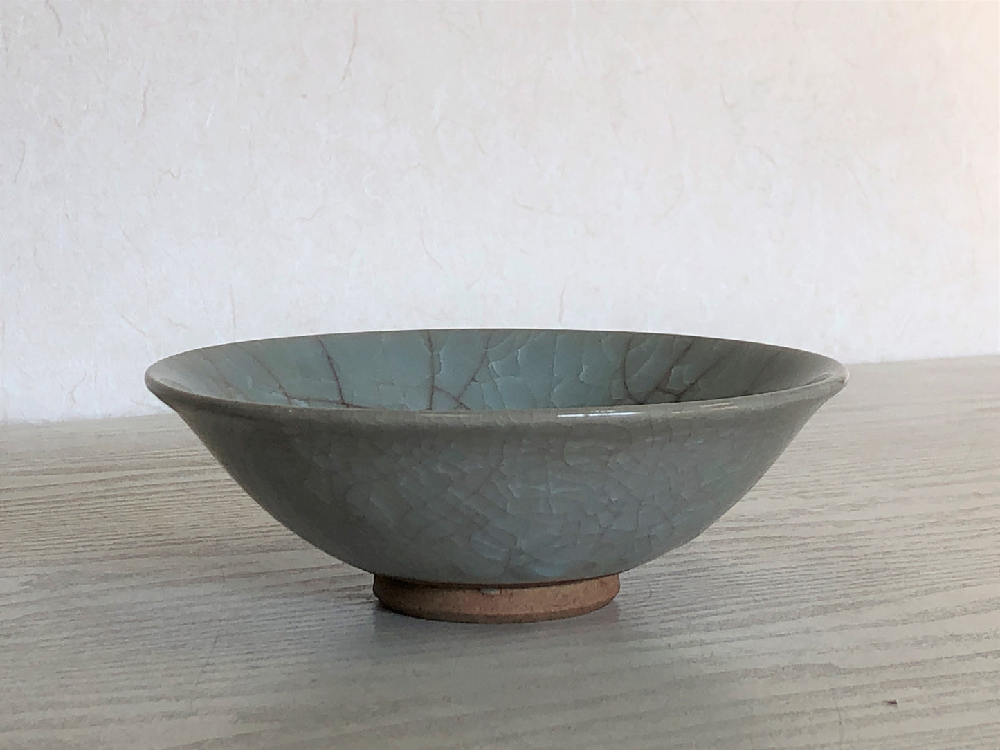 Y3739 CHAWAN Celadon flat signed Japan antique tea ceremony bowl cup pottery
