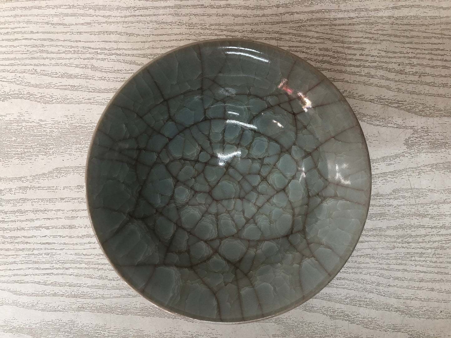 Y3739 CHAWAN Celadon flat signed Japan antique tea ceremony bowl cup pottery
