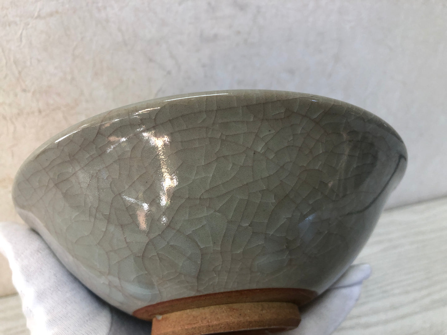 Y3739 CHAWAN Celadon flat signed Japan antique tea ceremony bowl cup pottery