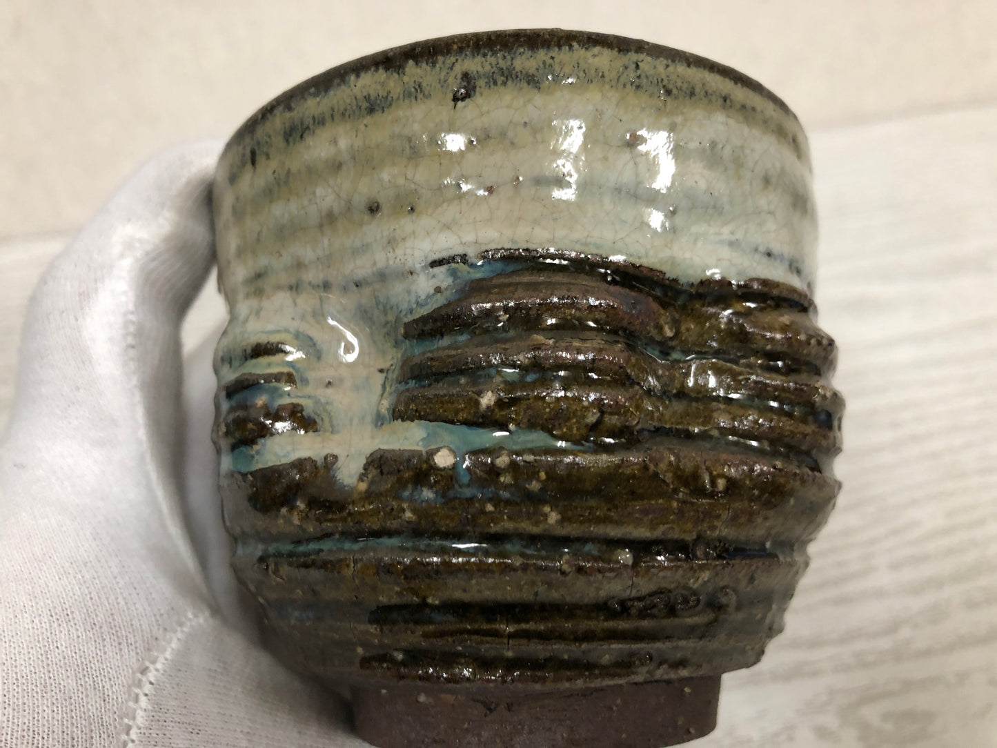 Y3749 CHAWAN Kyo-ware signed Japan antique tea ceremony bowl cup pottery